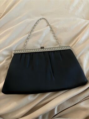Vintage HL USA Black Satin Evening Clutch Bag Rhinestone Accent